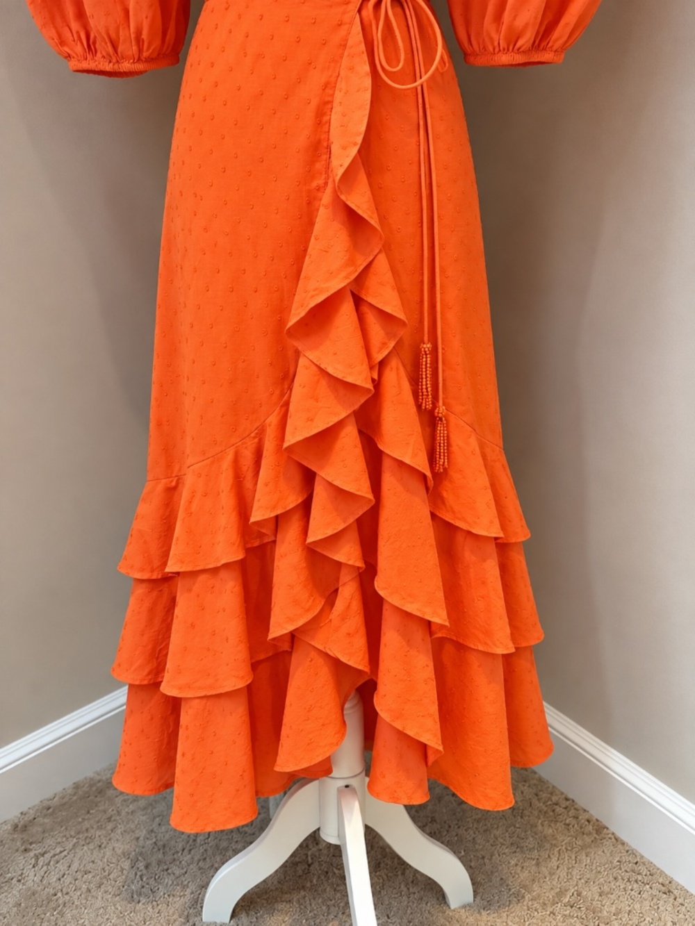 NWT FARM Rio Orange Ruffles Midi Dress XXS Wrap Swiss Dot - Picture 5 of 11